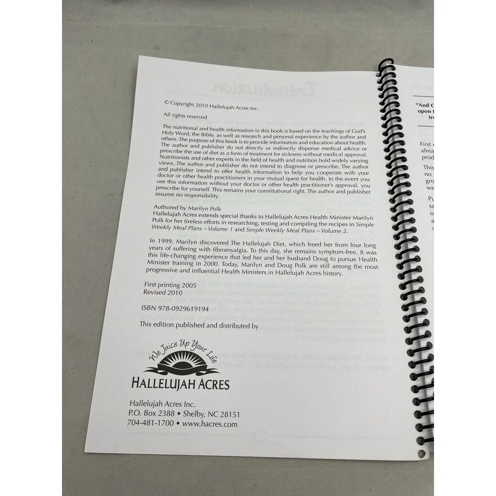 Hallelujah Simple Weekly Meal Plans Volume 1 Spiral Book Menus Recipes Cookbook